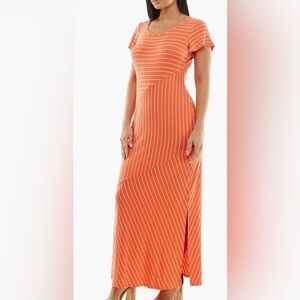 NEW Nina Leonard Short-Sleeve Mixed Stripe Maxi Dress MANGO ORANGE SZ L